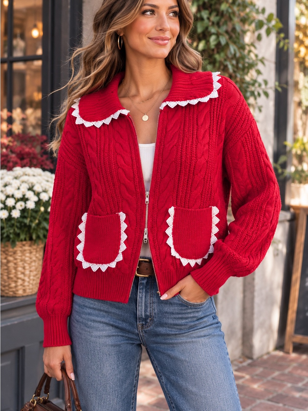 Jacqui E the label 100% cotton Cable Knit Lace Cardigan M Coquette cottagecore